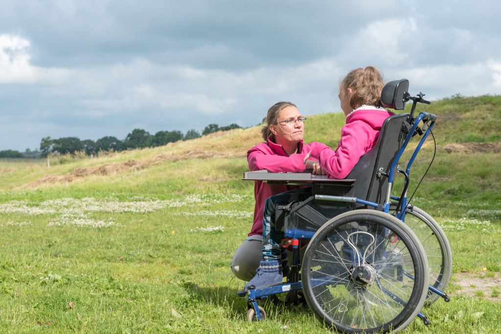 Someone on a wheelchair in a green pasture