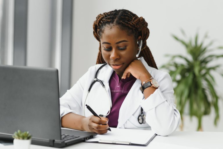 doctor or therapist giving health care advice online by webcam videochat and consulting distant patient. Remote medical services. Telemedicine.